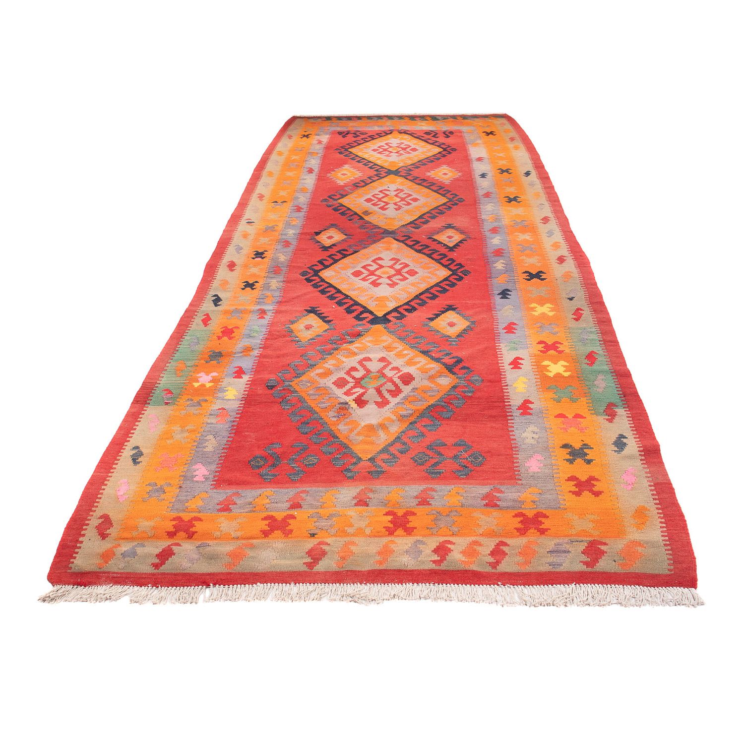 Runner Kelim Rug - Old - 410 x 150 cm - red